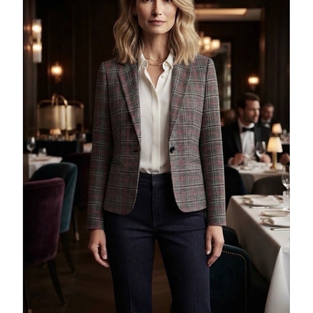 Pendleton Vintage Virgin Wool Plaid Blazer Grey Red USA Made Size 14 Classic